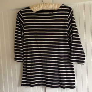 L.L. Bean M Boat Neck Navy/White Striped 100% Cotton 3/4 Sleeve 25” Long Sweater